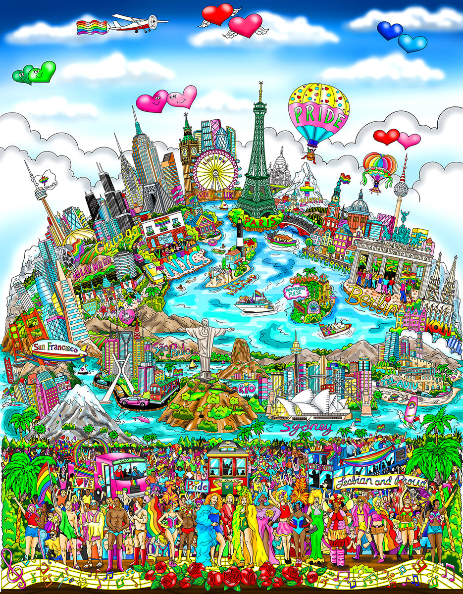 Charles Fazzino Love Will Keep Us Together, Around the World 3D Limited Edition Mixed-Media on Paper