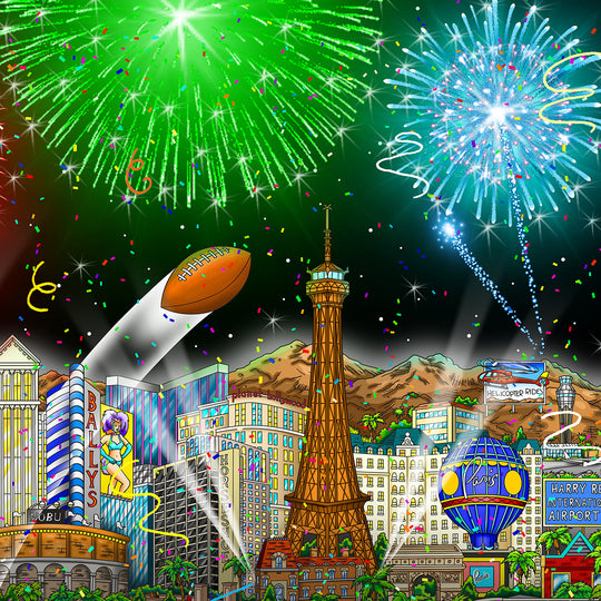 Charles Fazzino Super Bowl LVIII: Las Vegas 3D Limited Edition Mixed-Media on Paper