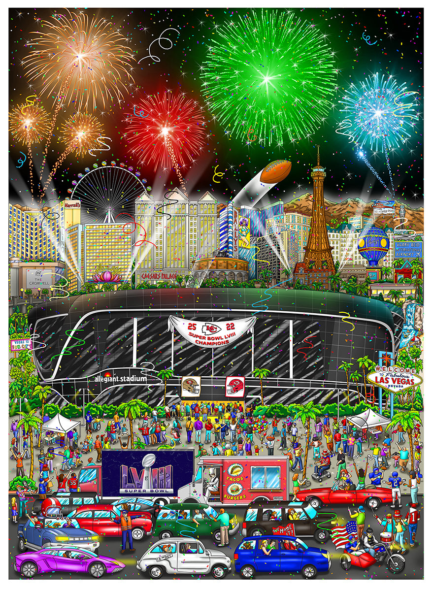 Charles Fazzino Super Bowl LVIII: Las Vegas 3D Limited Edition Mixed-Media on Paper