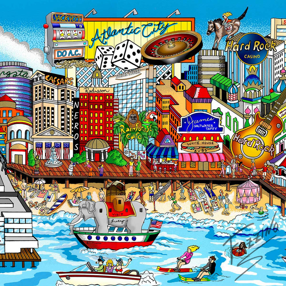 Charles Fazzino Down on the Boardwalk…AC 3D Limited Edition Mixed-Media on Paper