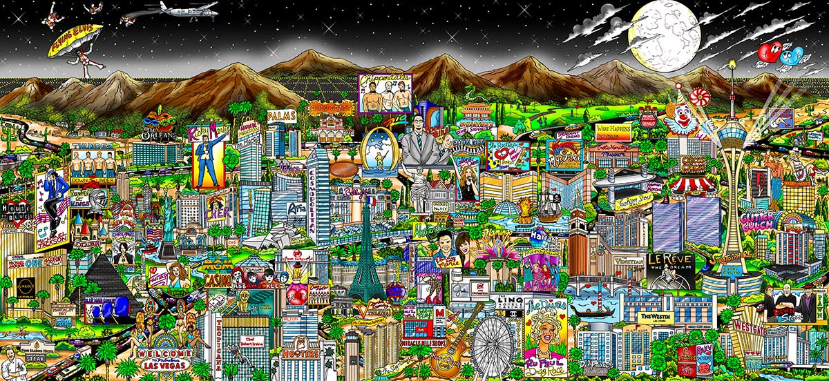 Charles Fazzino Midnight in Vegas 3D Limited Edition die-sublimation & mixed-media on aluminum and paper