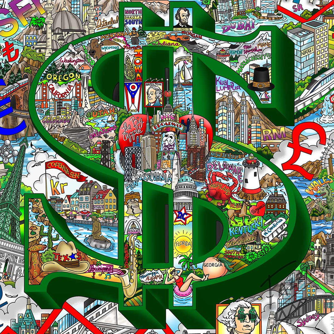 Charles Fazzino Your Money Makes the World Go Round 3D Limited Edition Mixed-Media on Paper
