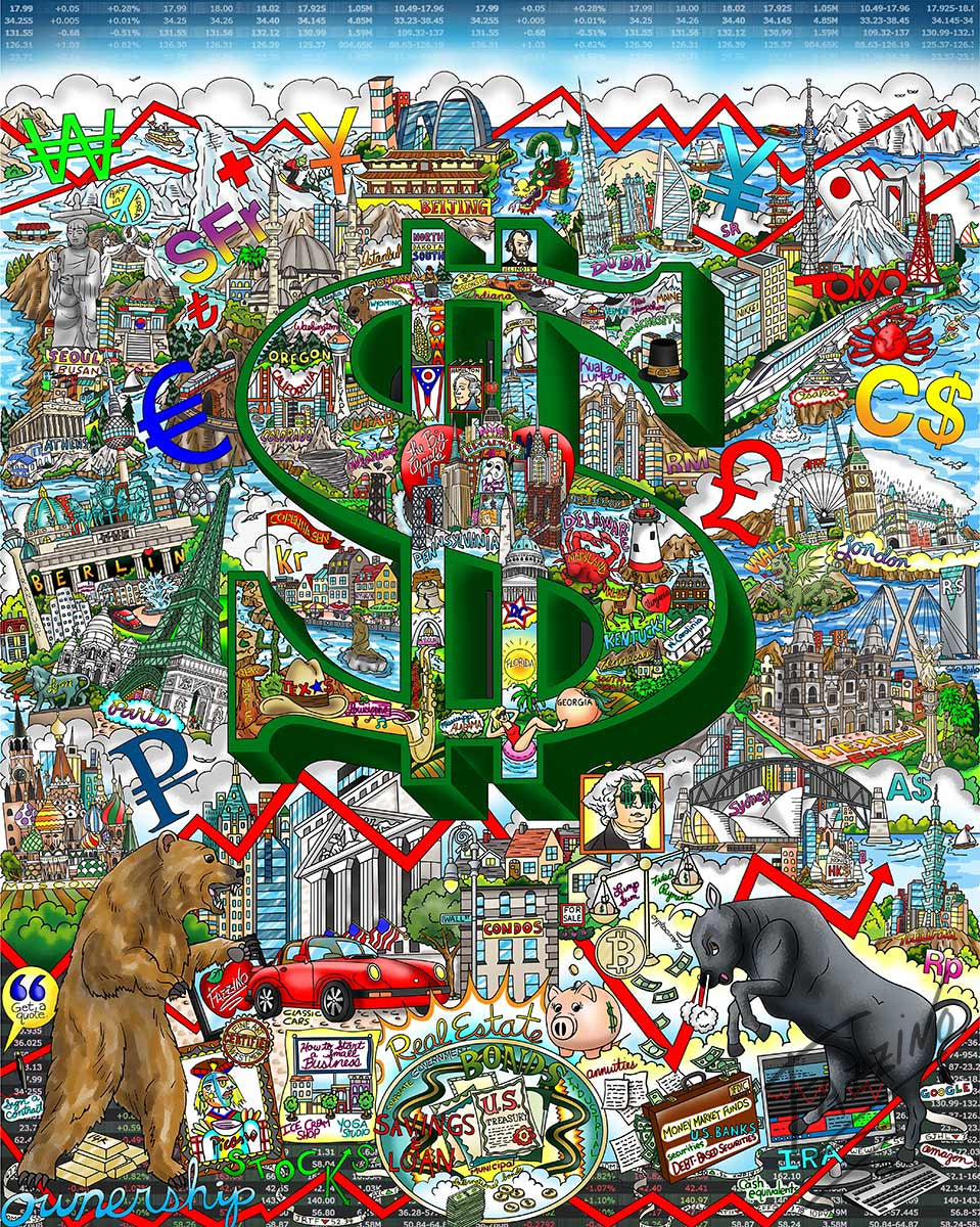 Charles Fazzino Your Money Makes the World Go Round 3D Limited Edition Mixed-Media on Paper