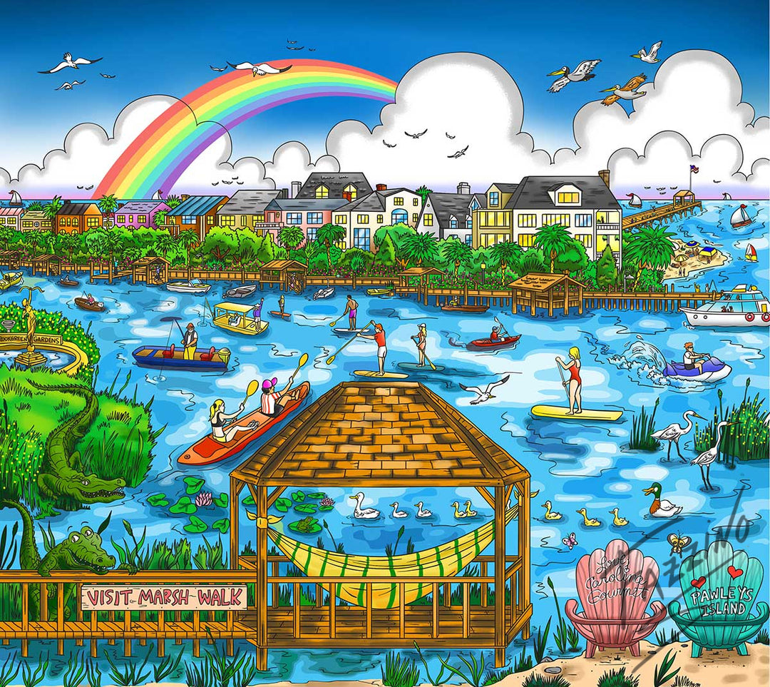 Charles Fazzino Rainbow Over Pawley’s Island 3D Limited Edition Mixed-Media on Paper