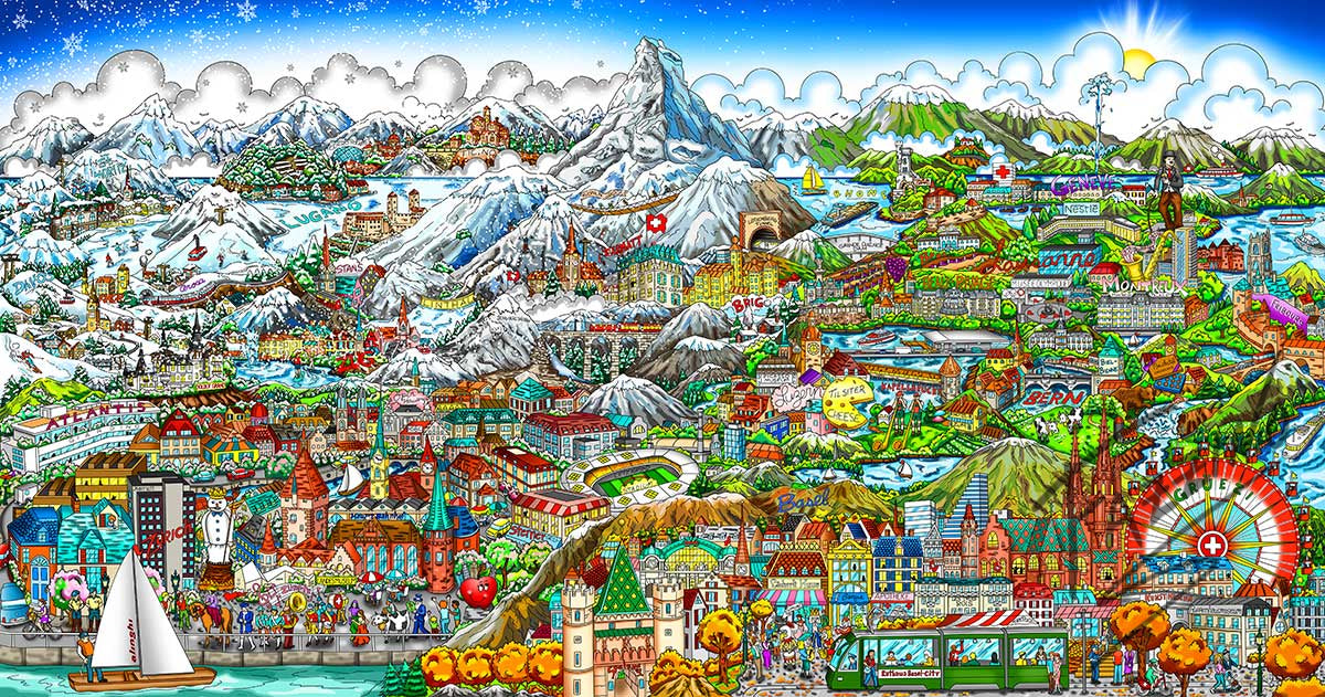 Charles Fazzino Seasonally Switzerland 3D Limited Edition Mixed-Media on Paper