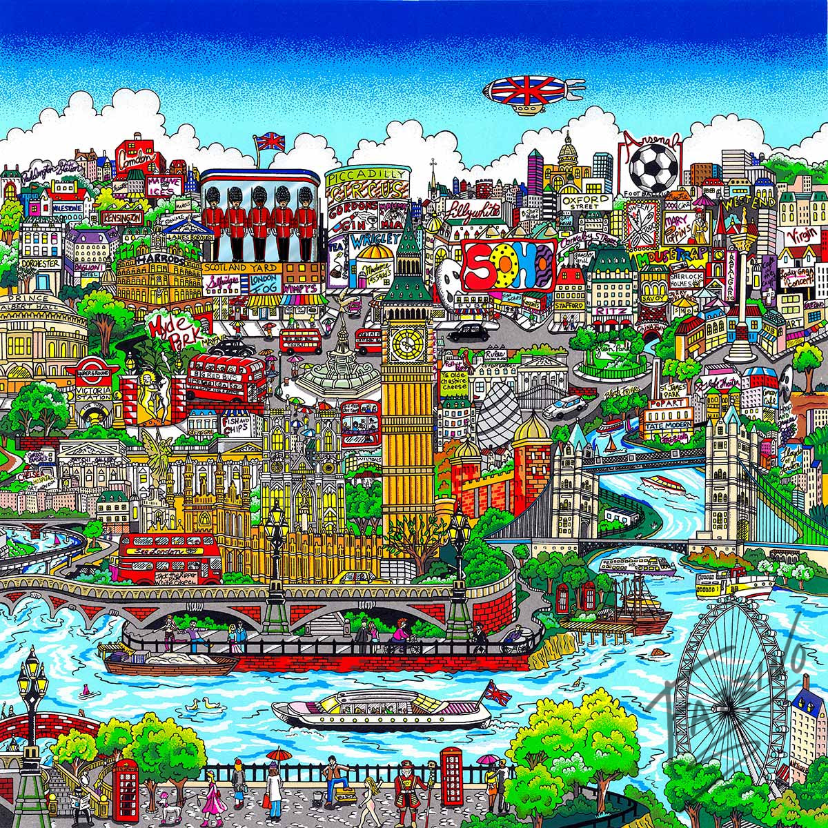 Charles Fazzino Touch Down in London Town 3D Limited Edition Silkscreen on Paper