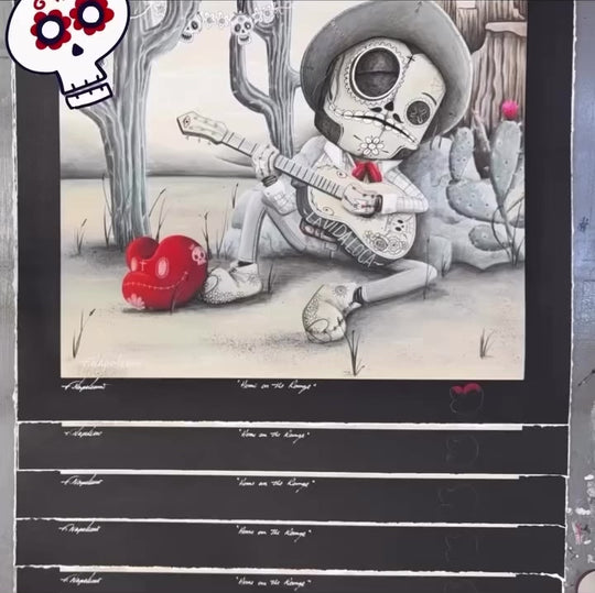 Fabio Napoleoni hand paints a red heart on every Artist Proof, if on paper it is on the border as seen here in Home on the Range Dia de los Muertos new release october 2026