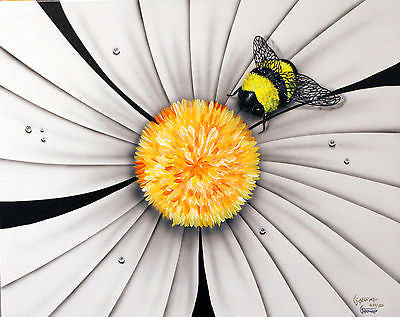 Michael Godard Black and White Flower - Bumble Bee Limited Edition Canvas Giclee