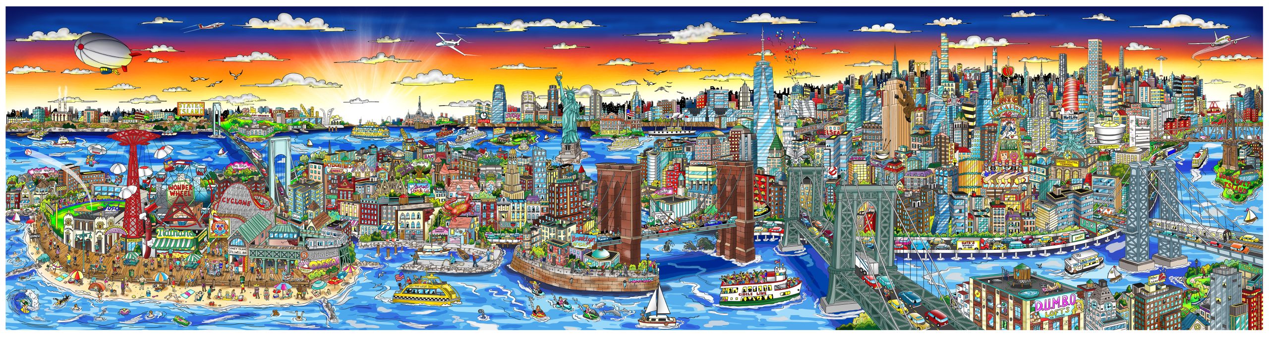 Charles Fazzino Sunset over Manhattan Island 3D Limited Edition Mixed-Media on Paper and Aluminum