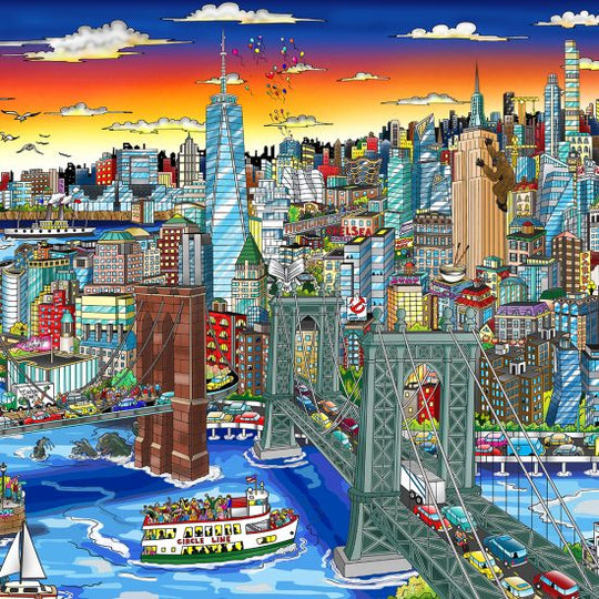 Charles Fazzino Sunset over Manhattan Island 3D Limited Edition Mixed-Media on Paper and Aluminum