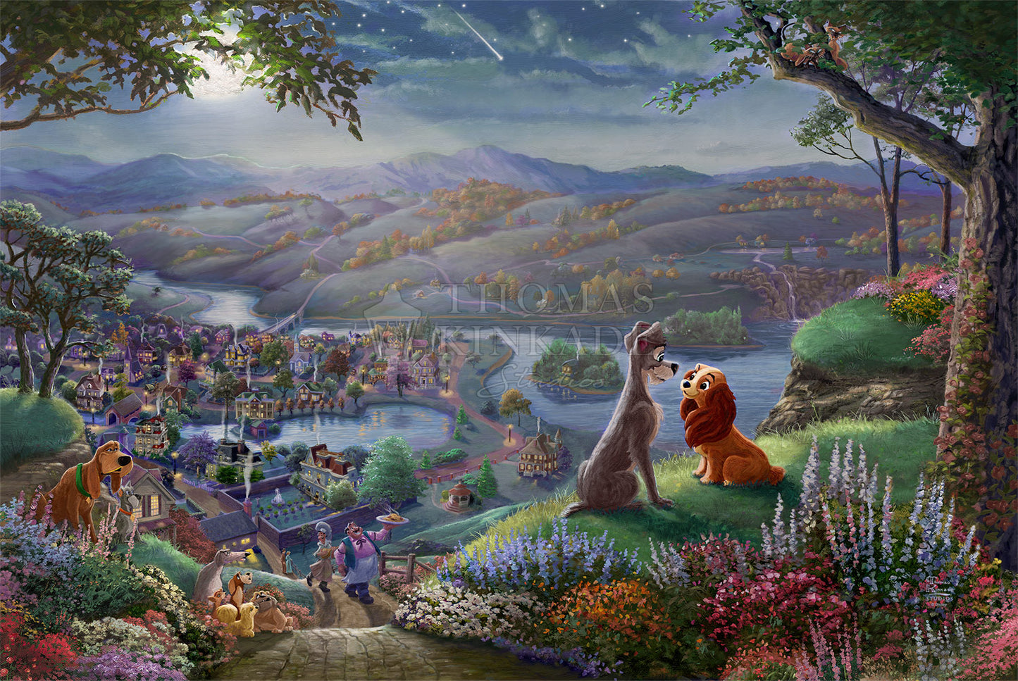 Thomas Kinkade Studios Disney "Lady and the Tramp Falling in Love" Limited Edition Canvas Giclee