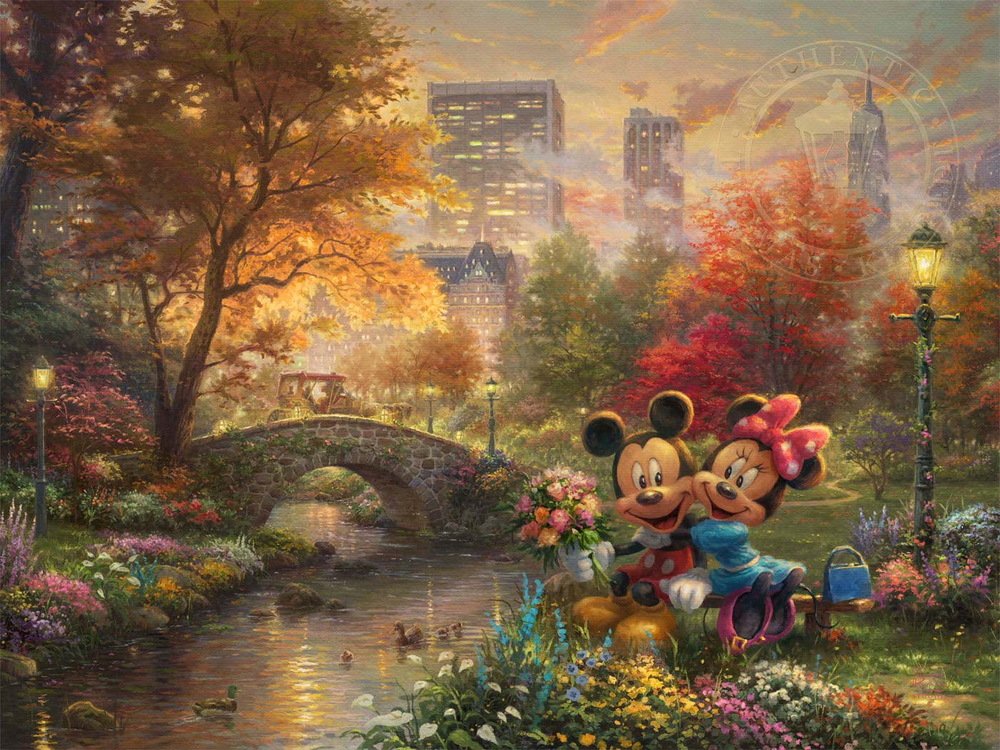 Thomas Kinkade Studios "Mickey and Minnie - Sweetheart Central Park" Limited and Open Canvas Giclee