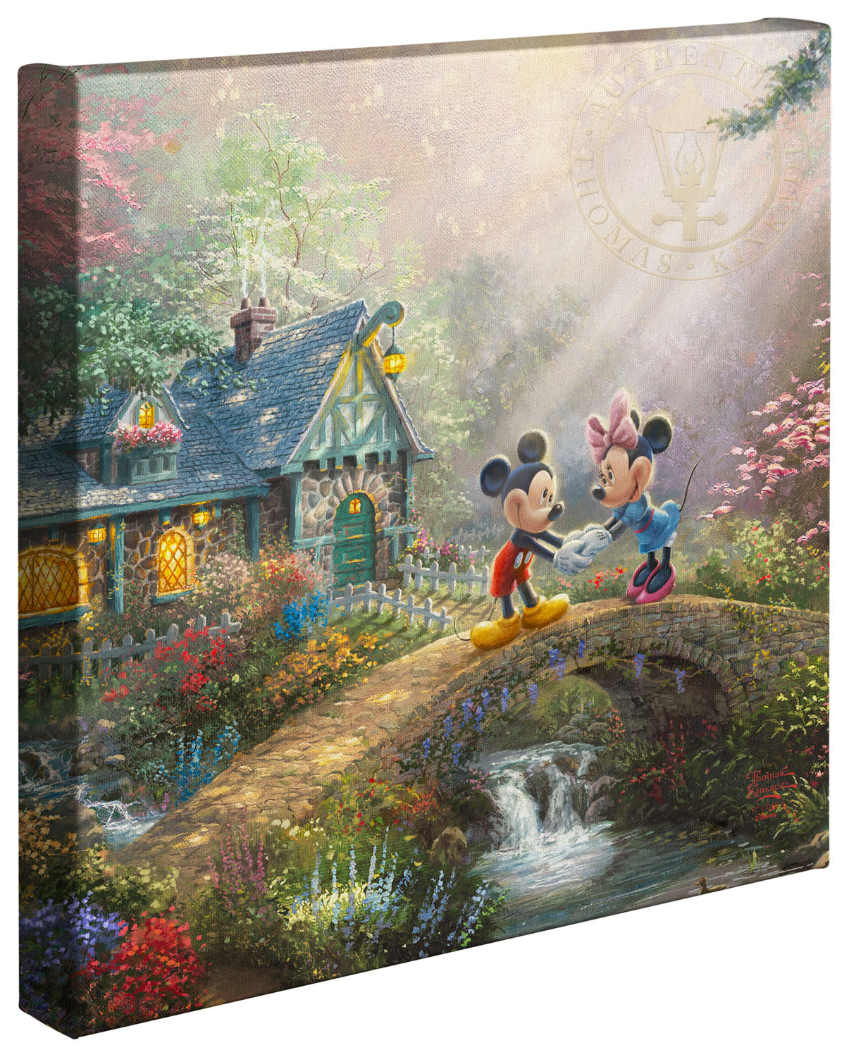 Thomas Kinkade Studios Mickey and Minnie Sweetheart Bridge Open Edition Canvas Giclee