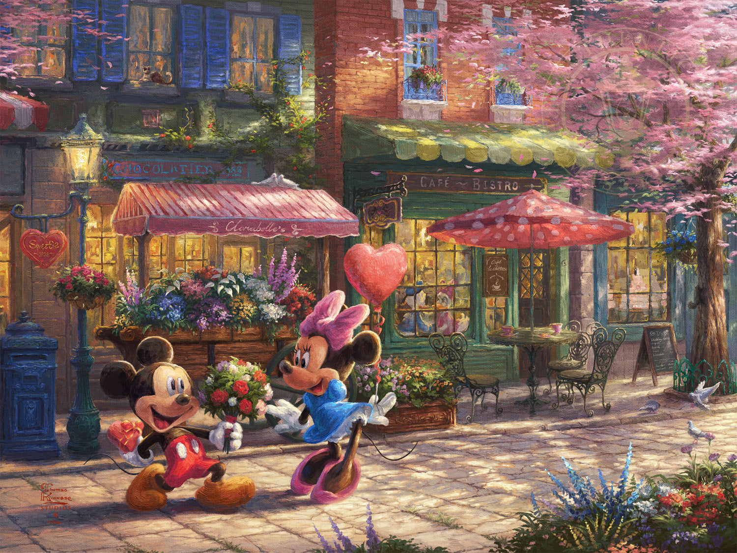 Thomas Kinkade Studios Mickey and Minnie Sweetheart Cafe Limited and Open Canvas Giclee